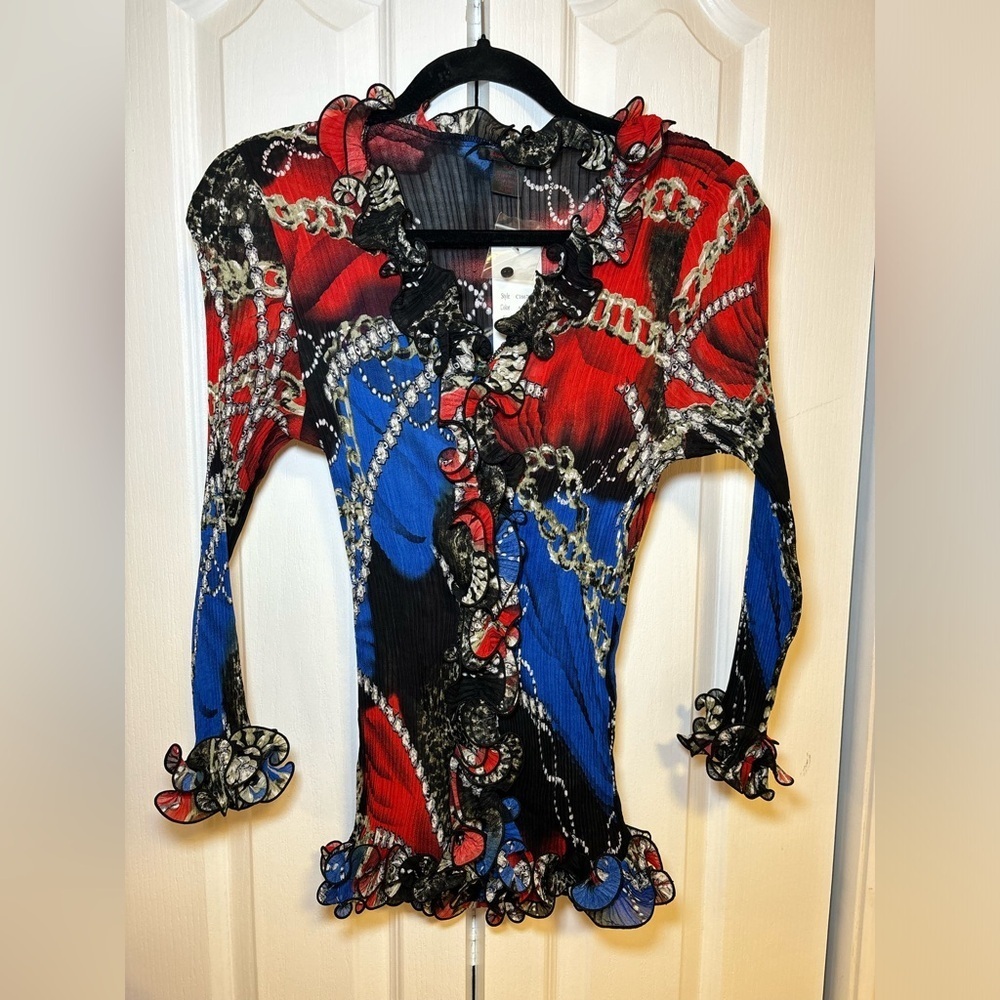 Alison Sheri - Y2K Long Sleeve Stylish Chic Red and Blue Women's Top in Size XL